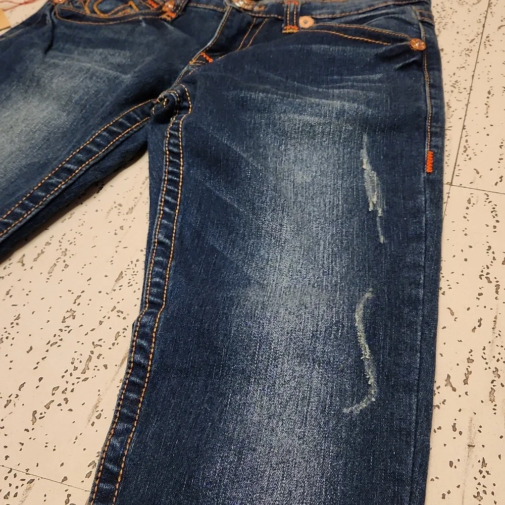 True Religion Dark Blue Distressed Billy Super T Slim Straight Leg Jeans BNWT - Picture 3 of 10